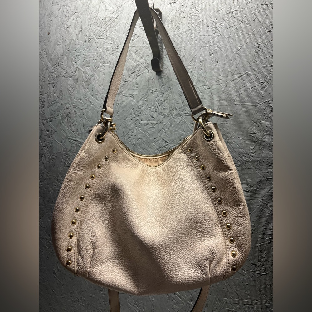 MICHAEL KORS Grey Leather Satchel Crossbody Bag With Silver Studs and Rivets